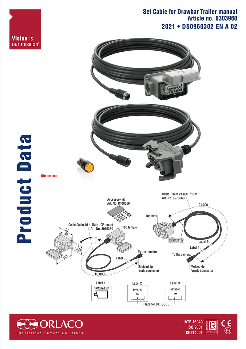 Orlaco Cable Set For Truck With Centre Axle-trailer (Manual)