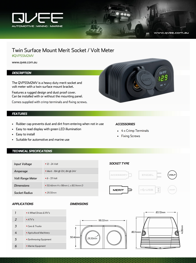 Twin Surface Mount Merit Socket / Volt Meter - QVPSSM2MV