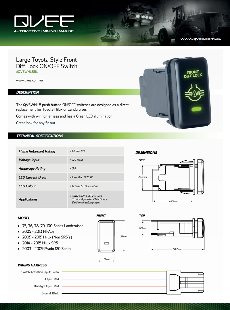 Large Toyota Front Diff Lock Switch with Green Illumination ON/OFF - QVSWHL8