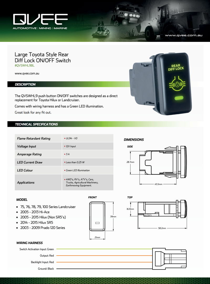 Large Toyota Rear Diff Lock Switch with Green Illumination ON/OFF - QVSWHL9