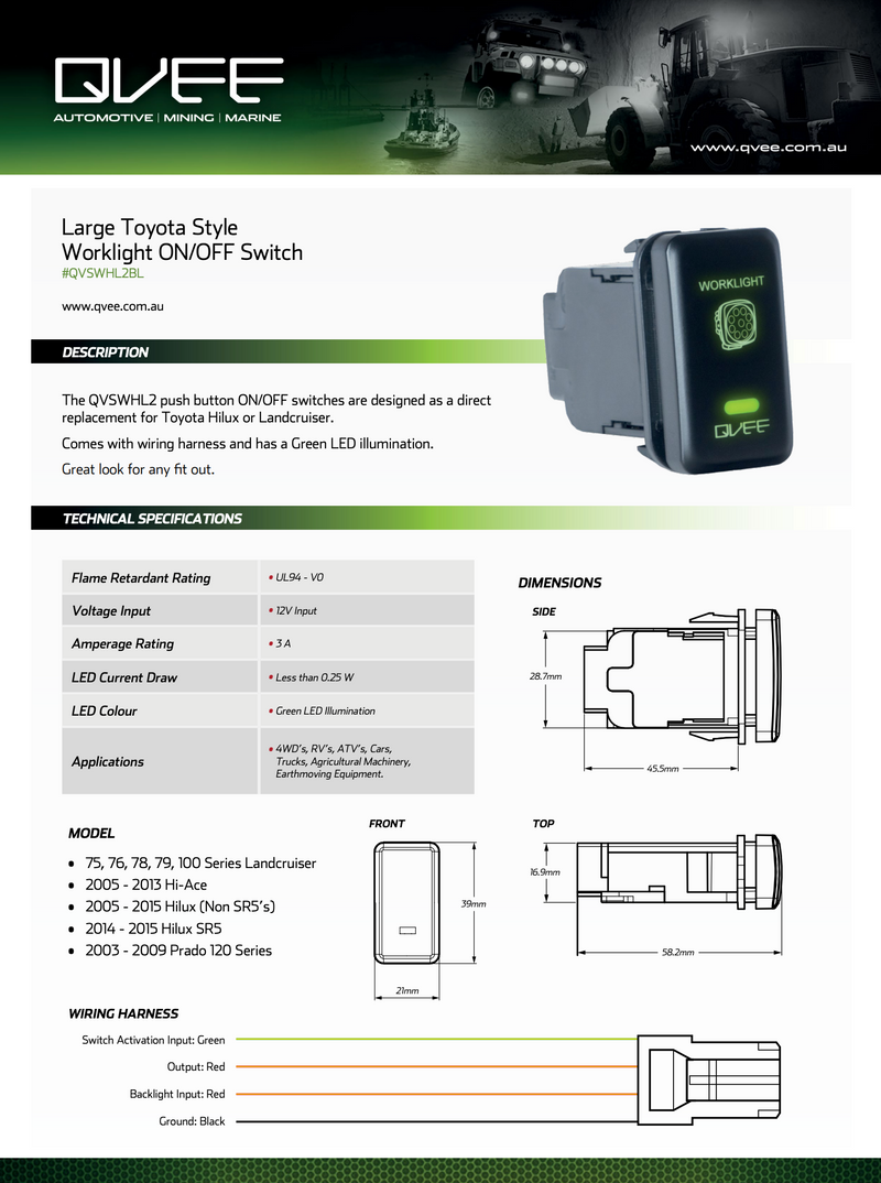 Large Toyota Worklight Switch with Green Illumination ON/OFF - QVSWHL2